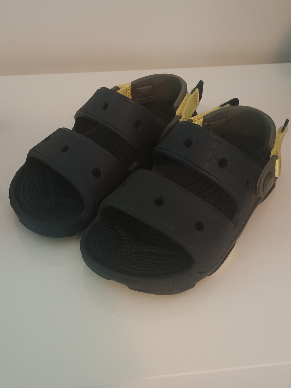CROCS Kids Blue Clogs with Yellow Heel Straps